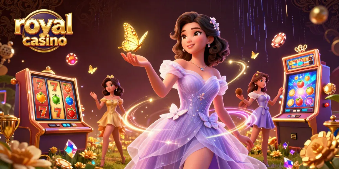 Experience the excitement of royal casino with stunning illustrations of dynamic slot games and vibrant action.