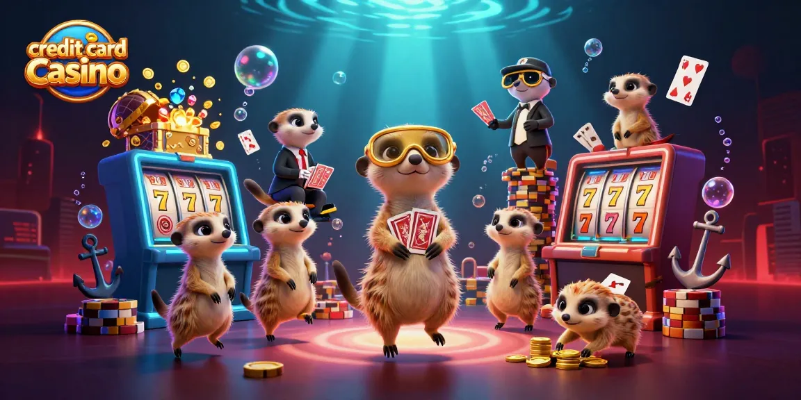 Engage in action at a vibrant credit card casino, featuring animated meerkats and slot excitement.