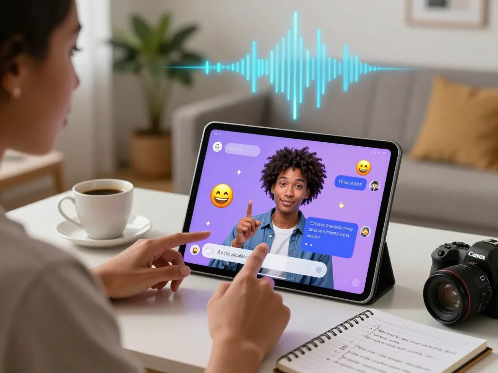 Engaging interface of sex chat AI on a tablet with interactive elements, in a cozy home setting.