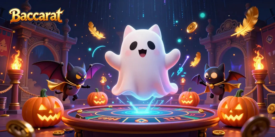 Baccarat game action scene with a friendly ghost cat and vampire bat in a haunted casino setting.