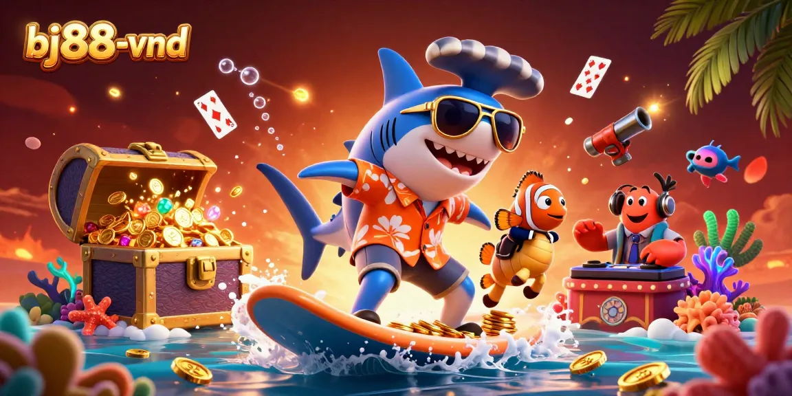 Engage with bj88-vnd as you experience lively casino visuals with characters surfing in gold.