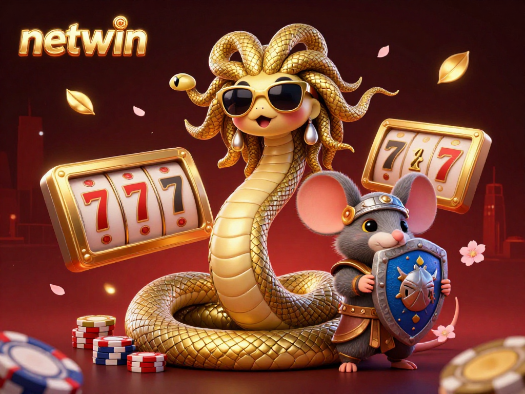 Engage in thrilling entertainment with netwin featuring Medusa and a warrior mouse amid casino symbols.
