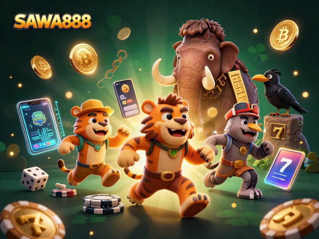 Join the fun at SAWA888 with a lively prehistoric casino scene featuring a caveman and sabertooth tiger.