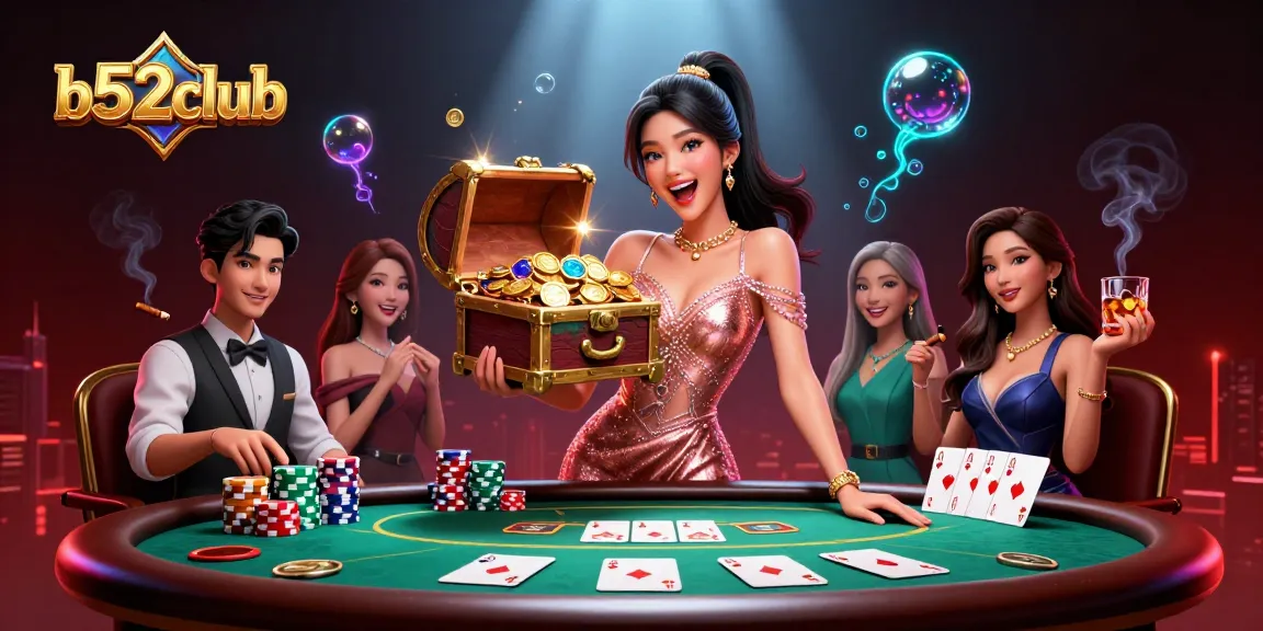 B52club showcases a thrilling poker scene with an Asian woman celebrating her wins amidst overflowing treasures.