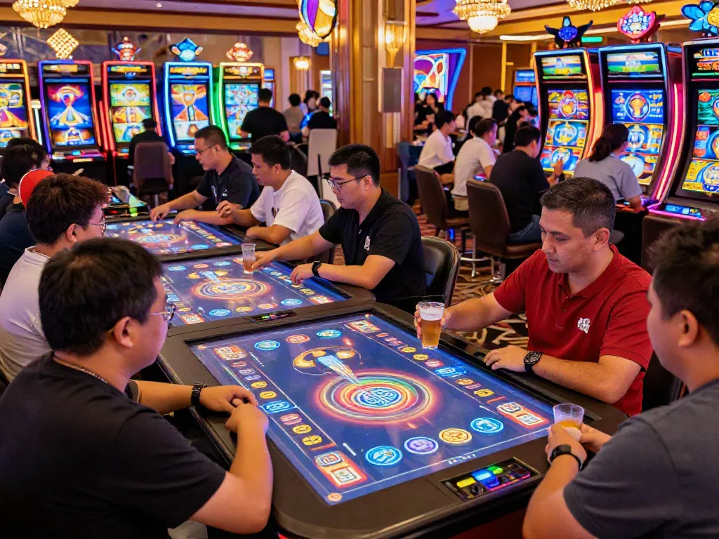 Pengguna menikmati permainan slot Mahjong Ways dengan antusiasme tinggi di kasino yang ramai.