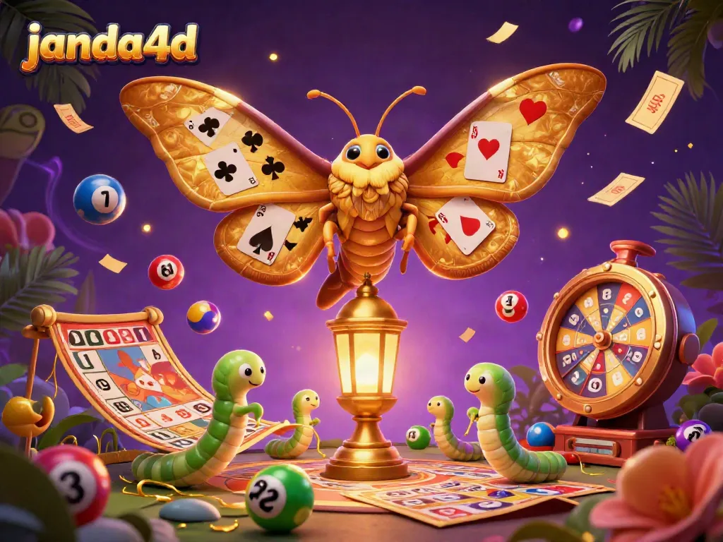 Janda4D menampilkan ilustrasi digital kasino dengan kupu-kupu kartun dan elemen permainan yang menarik.