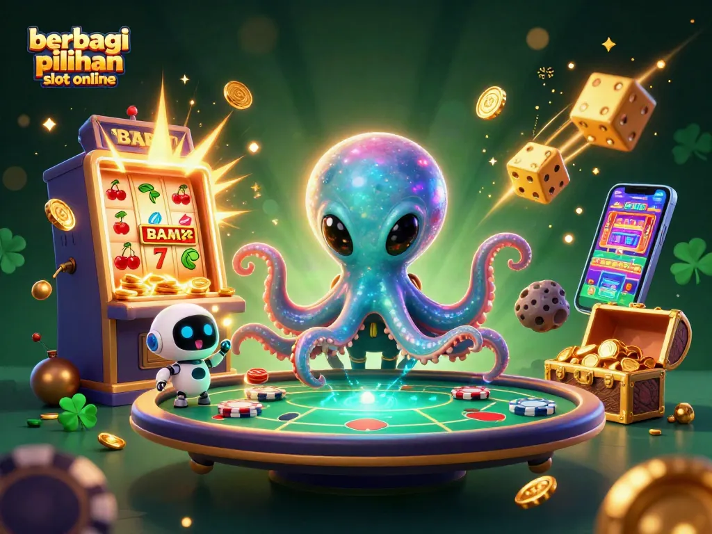 Jelajahi berbagai pilihan slot online dengan alien kartun dan robot dalam ilustrasi menarik ini.