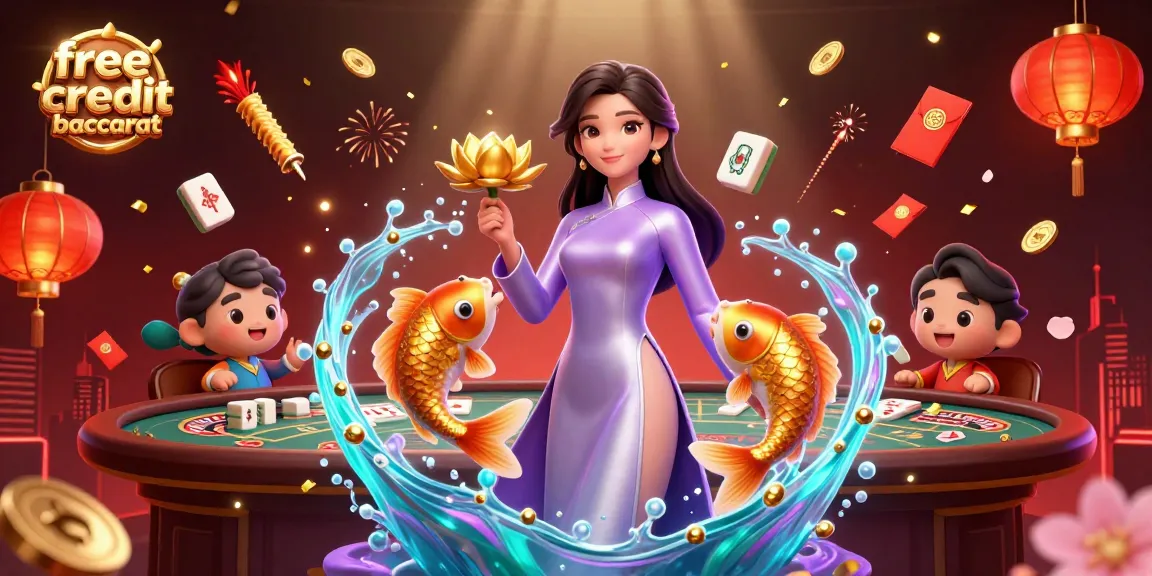 Engage in free credit baccarat with a vivid casino-themed illustration featuring lively characters and decorative elements.