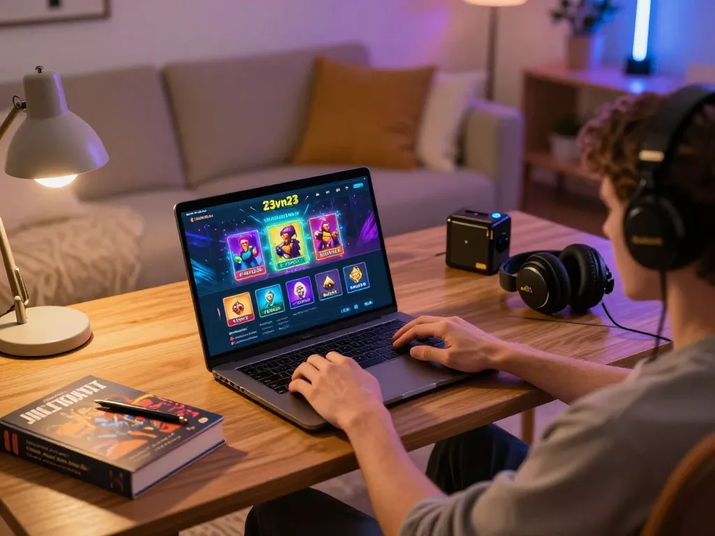 Player enjoys a live gaming session on 23vn23 with laptop interface visible in a cozy setting.
