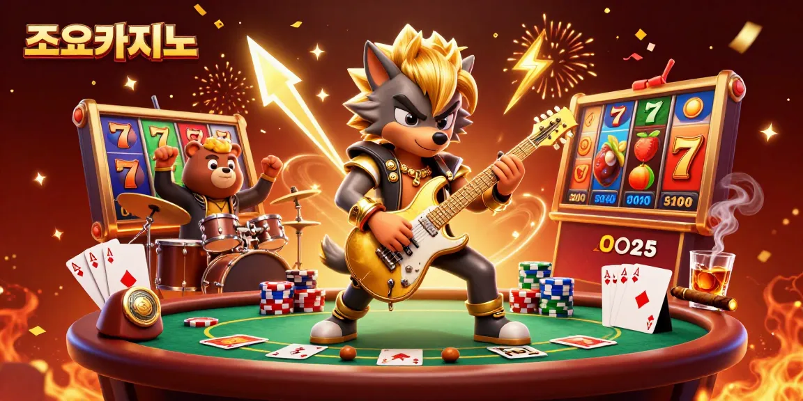 Experience immersive gaming at 조이카지노 with vibrant slot reels and energetic characters on stage.