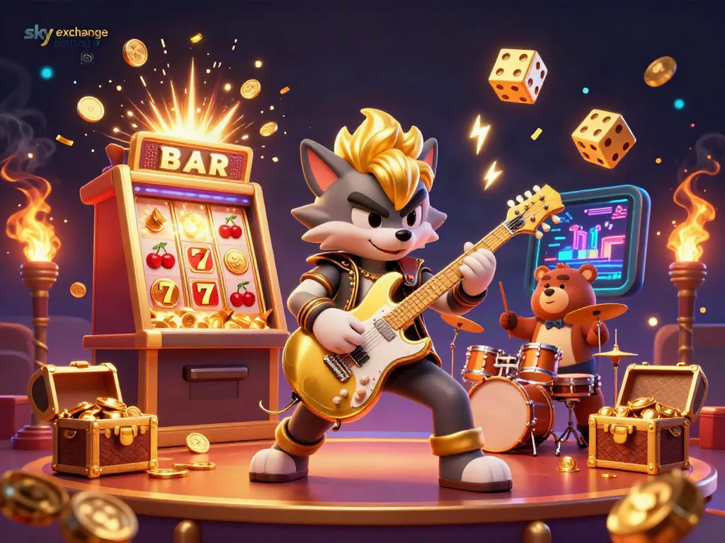 Experience the thrill of sky exchange betting id with a vibrant casino scene featuring a cartoon rock star wolf and drummer bear.