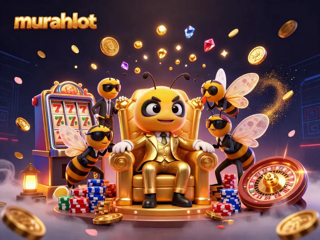 Bermain di murahslot, bumblebee bos kartun di kursi madu dikelilingi koin emas dan slot reel, suasana penuh warna.
