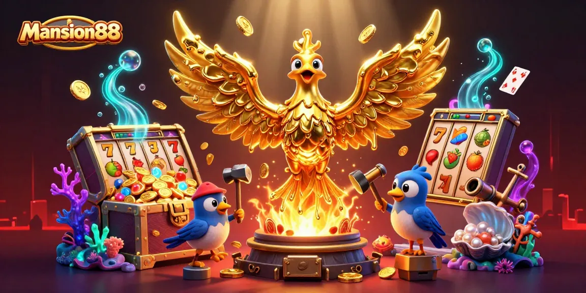 Mansion88 features an exciting golden phoenix emerging as a central figure in a dynamic casino-themed illustration.