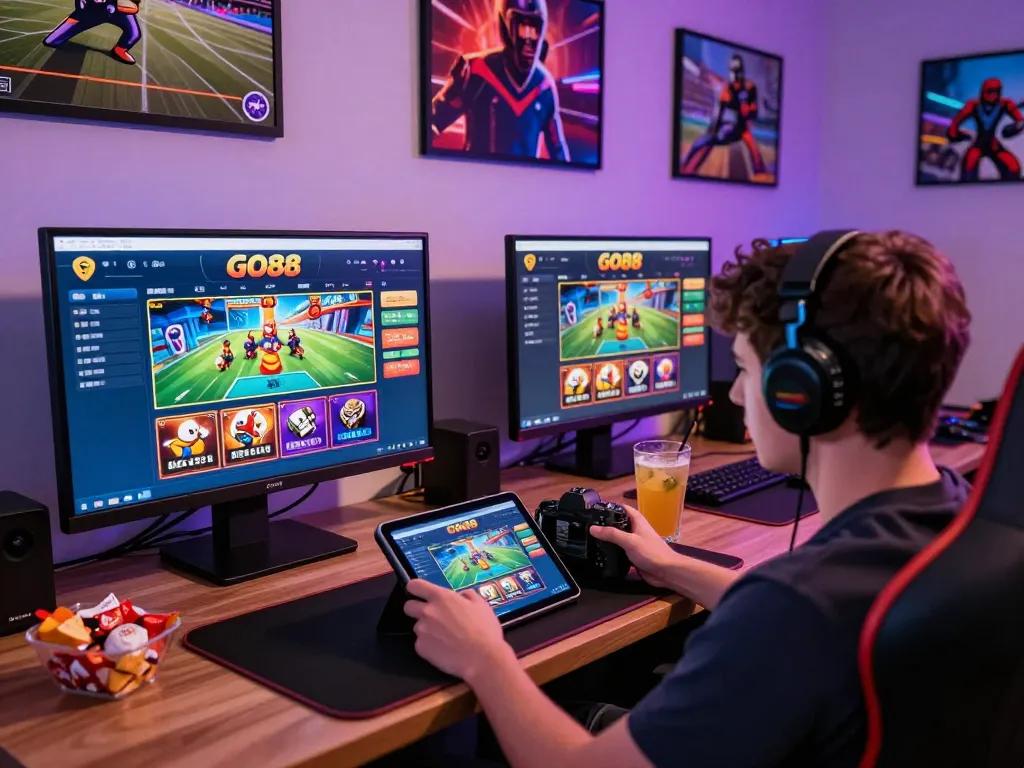 Engaged player using GO88 app on tablet for exciting online casino gaming.