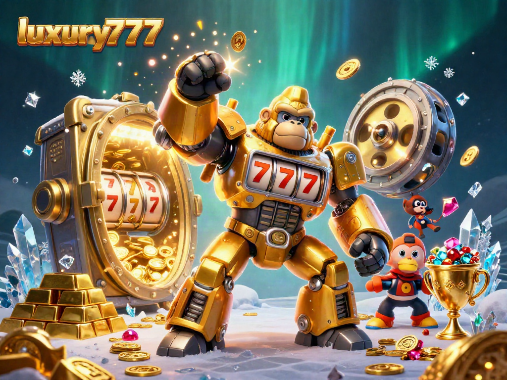 Mainkan slot luxury777 dengan gorila emas mech yang memukau.