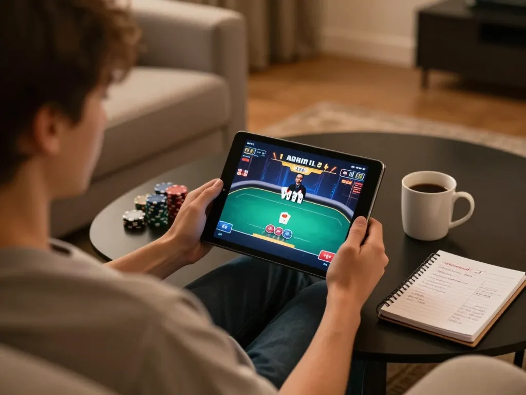 Players engaging in a thrilling online poker game at ok365 from the comfort of home, showcasing tablets and strategy notes.