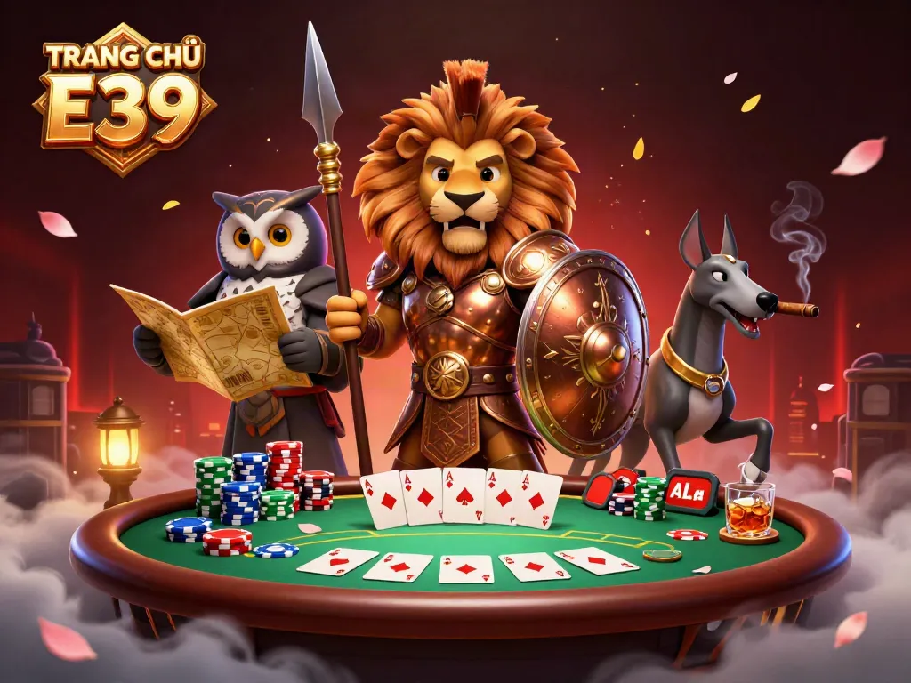 Engage with the immersive TRANG CHỦ E39 gaming scene featuring a Spartan lion, owl strategist, and greyhound messenger amid poker elements.