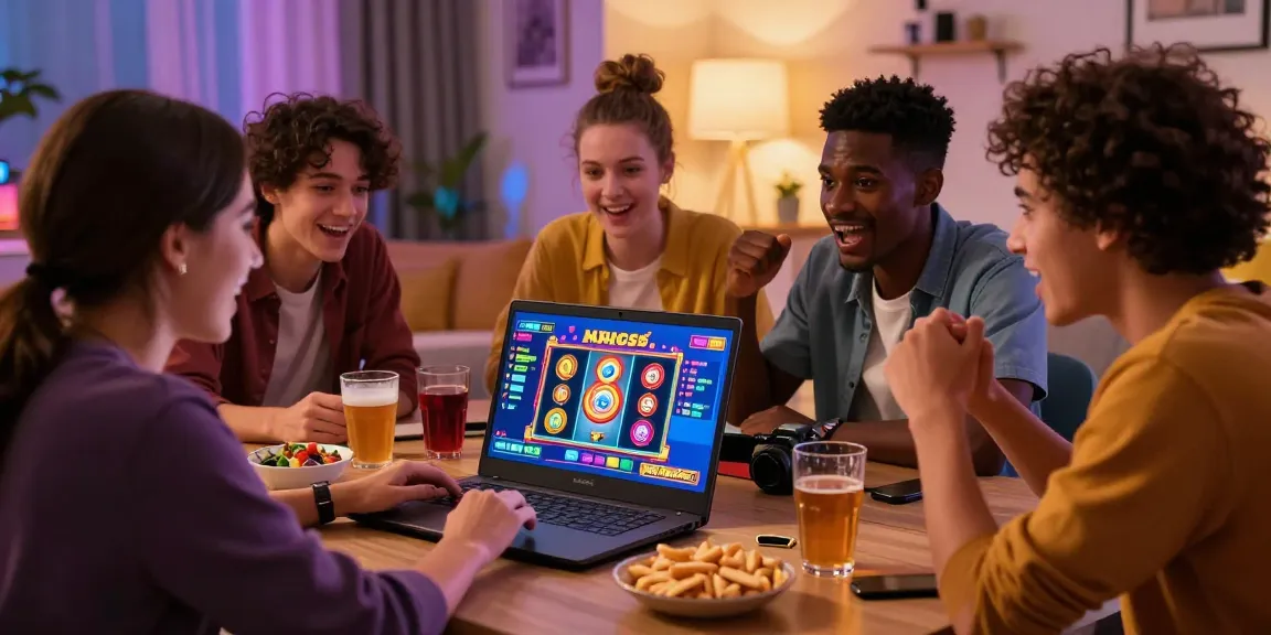 Friends enjoying an exciting toto slot game night together in a cozy living room setting.