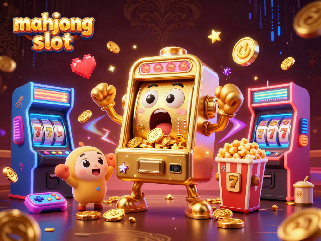 Experience exciting mahjong slot action as a golden slot machine hits the jackpot with coins pouring out.
