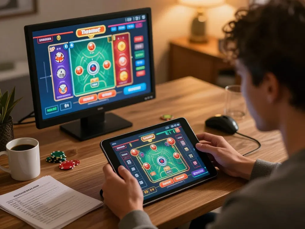 Player engaging in casino gameplay on tablet while exploring af88 online gaming platform with focus on strategy.