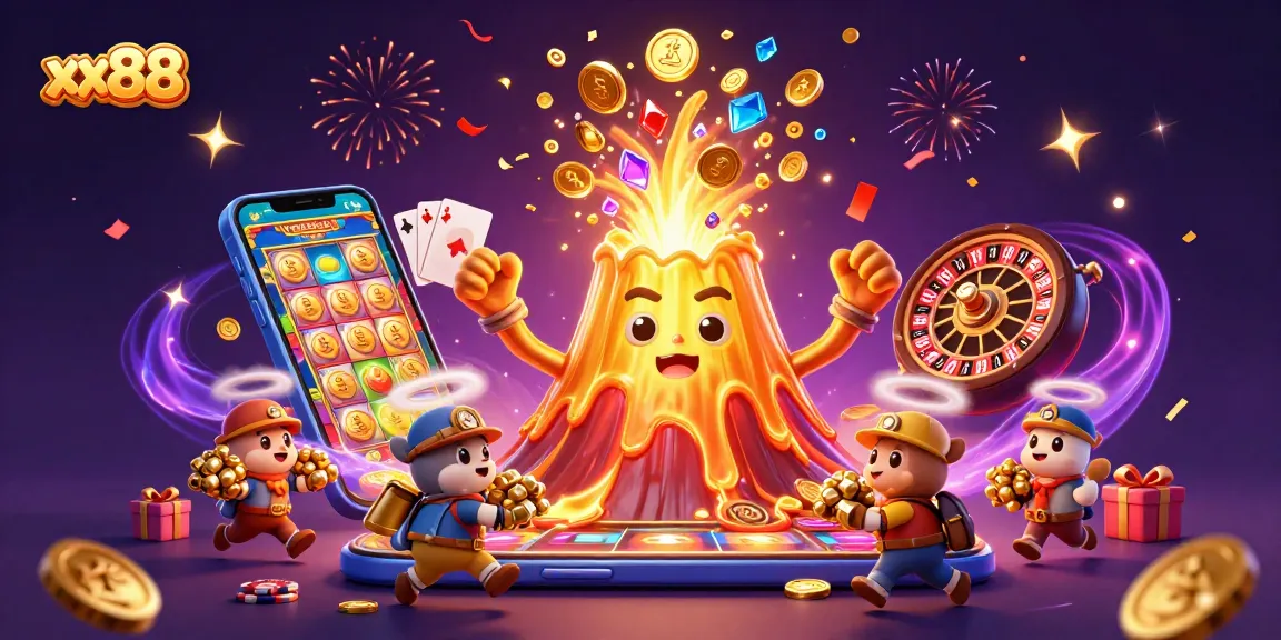 Experience thrilling wins at xx88 with vibrant casino-themed 3D illustration showcasing treasure and games.