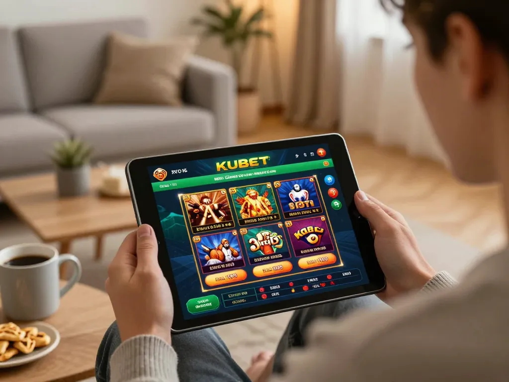 Kubet online gaming scene with a player focused on tablet casino interface in a cozy home setting.