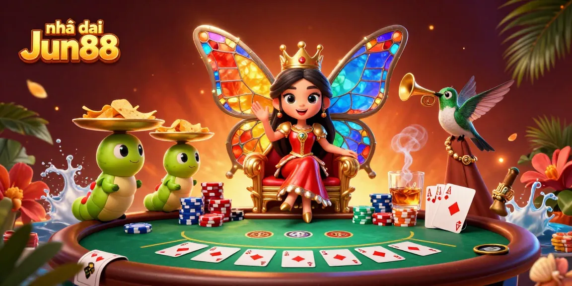 Play thrilling casino games at Nhà cái Jun88 with poker tables, vibrant characters, and engaging atmosphere.