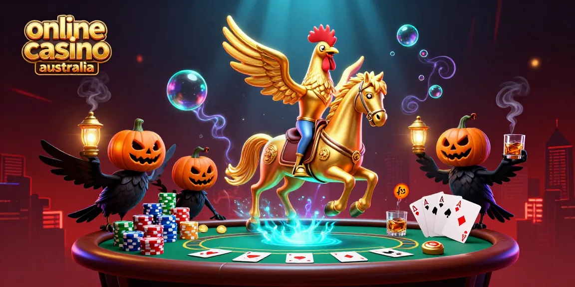 Experience vibrant action at an online casino Australia with golden rooster characters and poker elements.