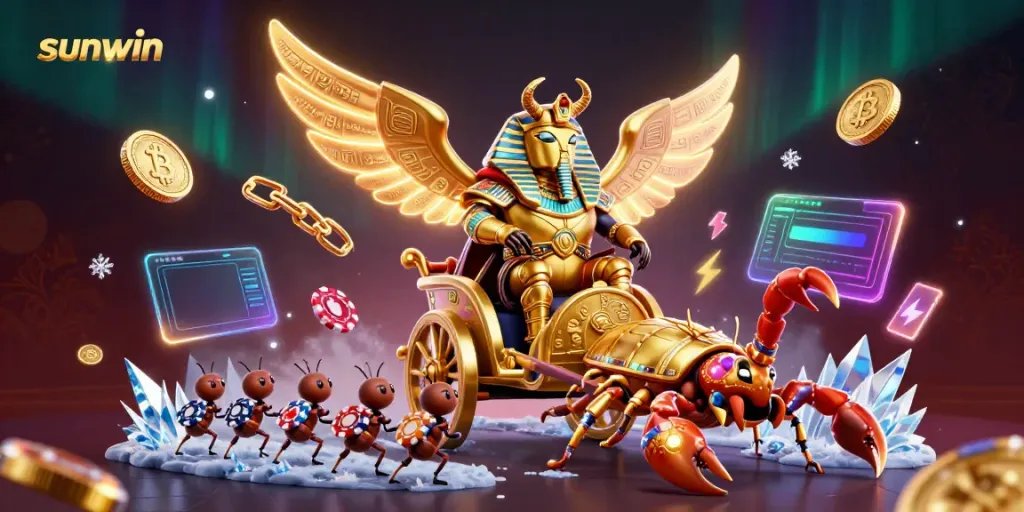 Experience thrilling adventures with Sunwin's 3D gaming characters amidst vibrant casino elements.