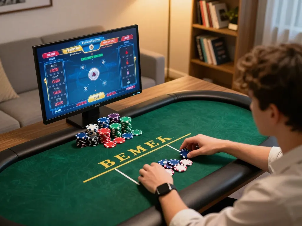 Bermain poker di KENZOTOTO dengan chip berwarna-warni di pengaturan rumah yang nyaman, menikmati perjudian online.