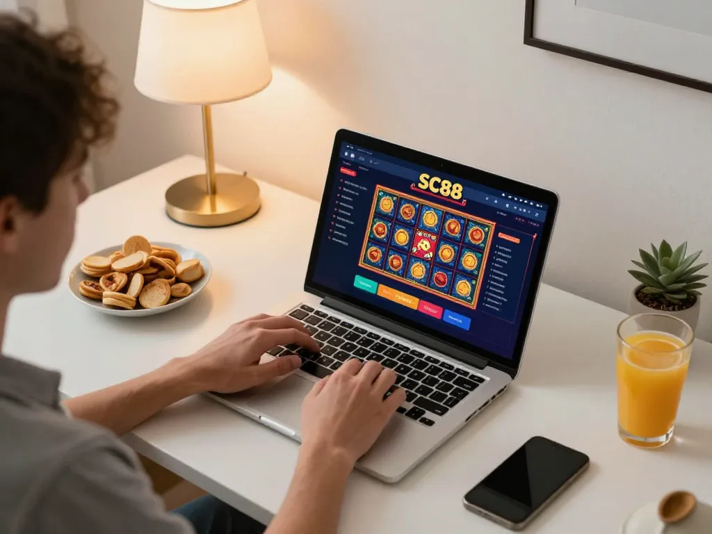 Player engaging with SC88 online casino app on laptop in a cozy and stylish home setting.