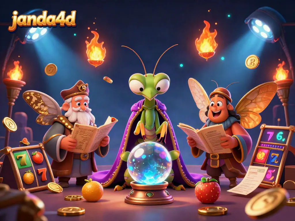 Menangkan jackpot dengan JANDA4D, ilustrasi 3D penuh warna dan elemen kasino
