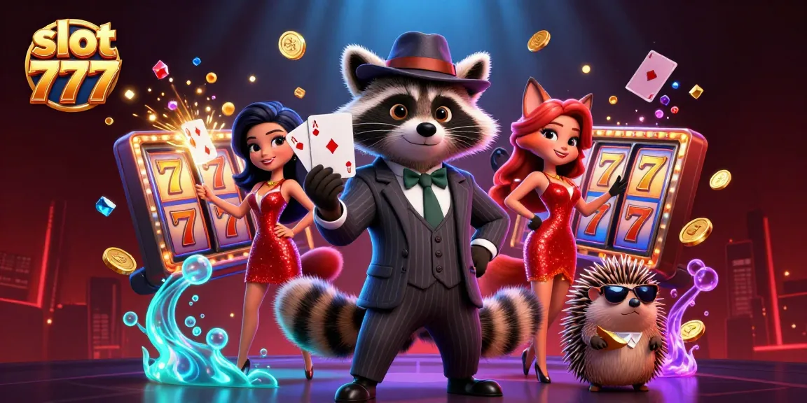 Experience the excitement of slot 777 with a suave raccoon, a glamorous fox, and vibrant slot elements.