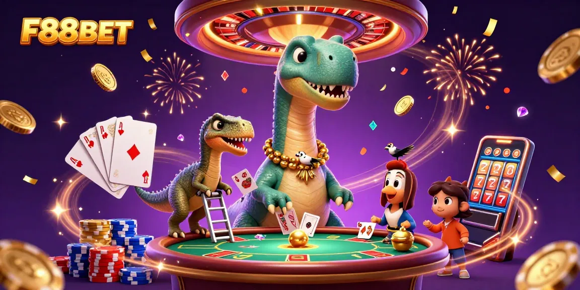 Experience thrilling gameplay with F88BET, featuring a colossal brontosaurus overseeing vibrant casino action.