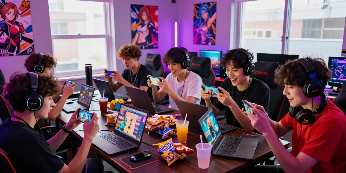 Engaged players enjoying mobile hentai games in a vibrant gaming room.