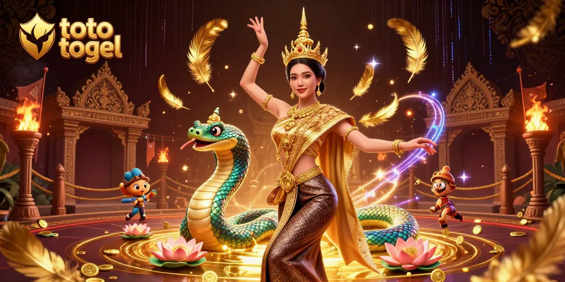 Experience exciting toto togel action with a beautiful dancer, Naga serpent, and vibrant casino elements.