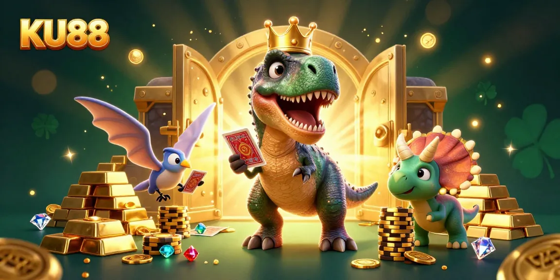 Play thrilling games at KU88 with a T-Rex shuffling cards and a baby triceratops stacking chips.