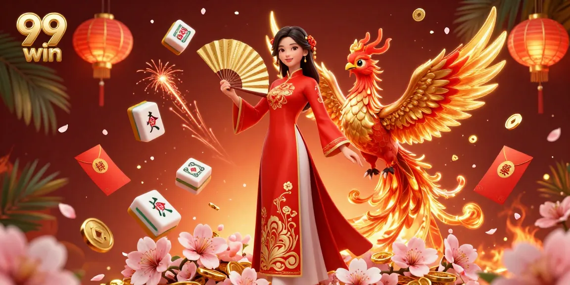 Engage with 99 win at this vibrant depiction featuring a beautiful woman and a phoenix in a rich, dynamic scene.