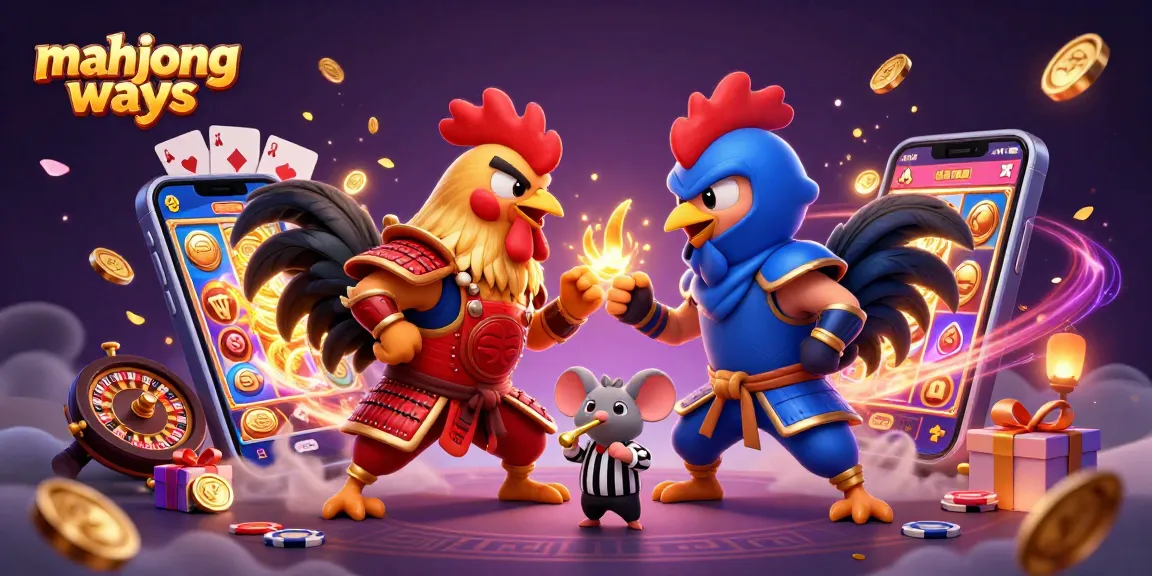 Experience thrilling gameplay with Mahjong Ways, showcasing dynamic cartoon roosters and vibrant slots elements.