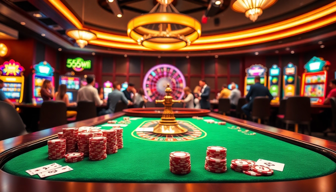 Join the excitement at 555win with players enjoying a vibrant casino scene filled with roulette and card games.