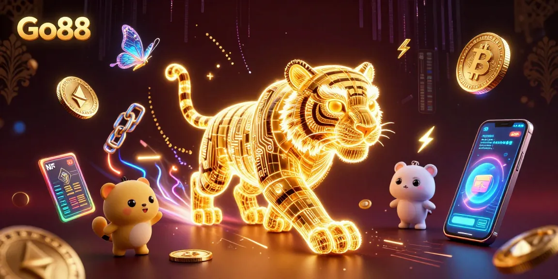 Engage with Go88's vibrant digital casino concept featuring a golden tiger and crypto elements.