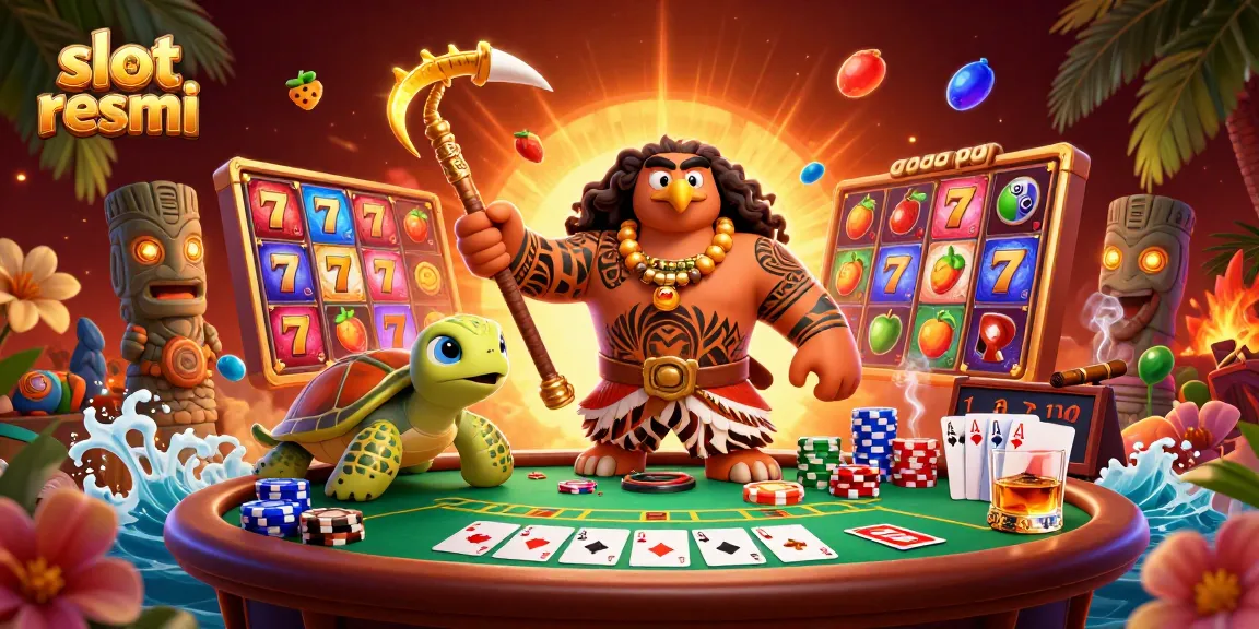 Slot resmi menampilkan karakter mitologi dengan simbol mesin slot dan elemen kasino penuh warna.