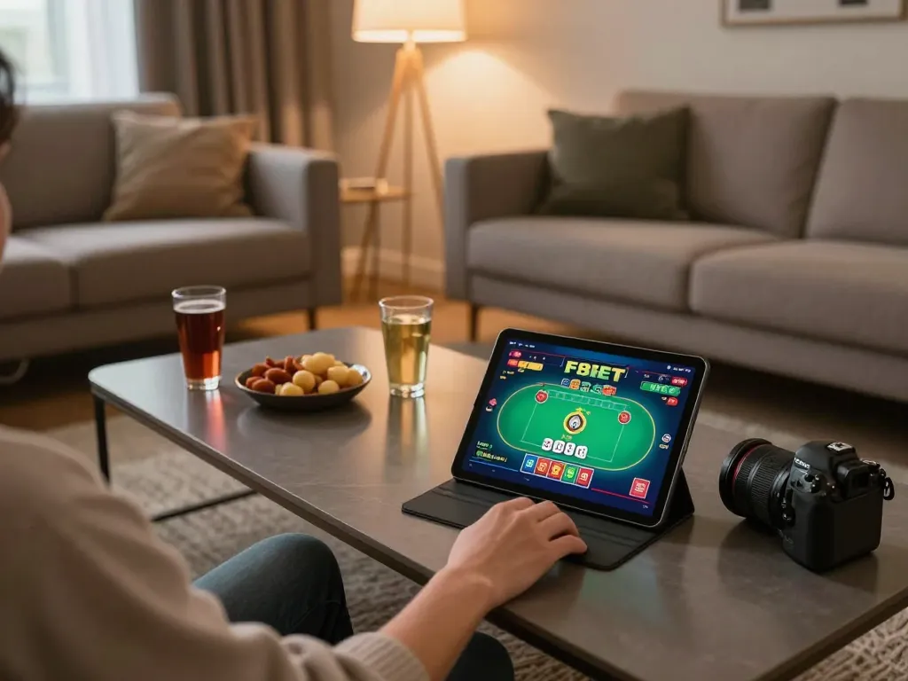 F8BET player engaged in strategic online gambling using tablet in a cozy home setup
