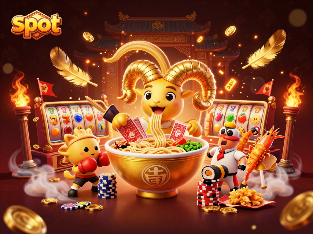 Engage with exciting slot activities featuring a vibrant ramen bowl character and cheering tempura shrimp.