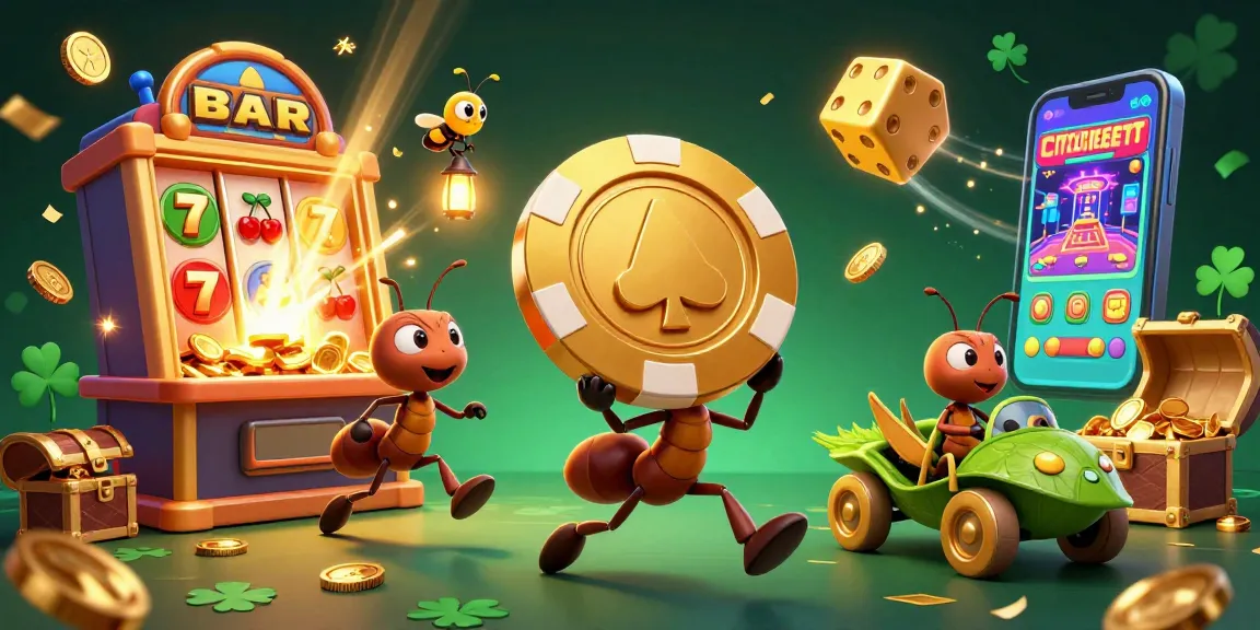 Situs slot gacor players strategize a heist involving a giant golden poker chip amidst vibrant casino elements.