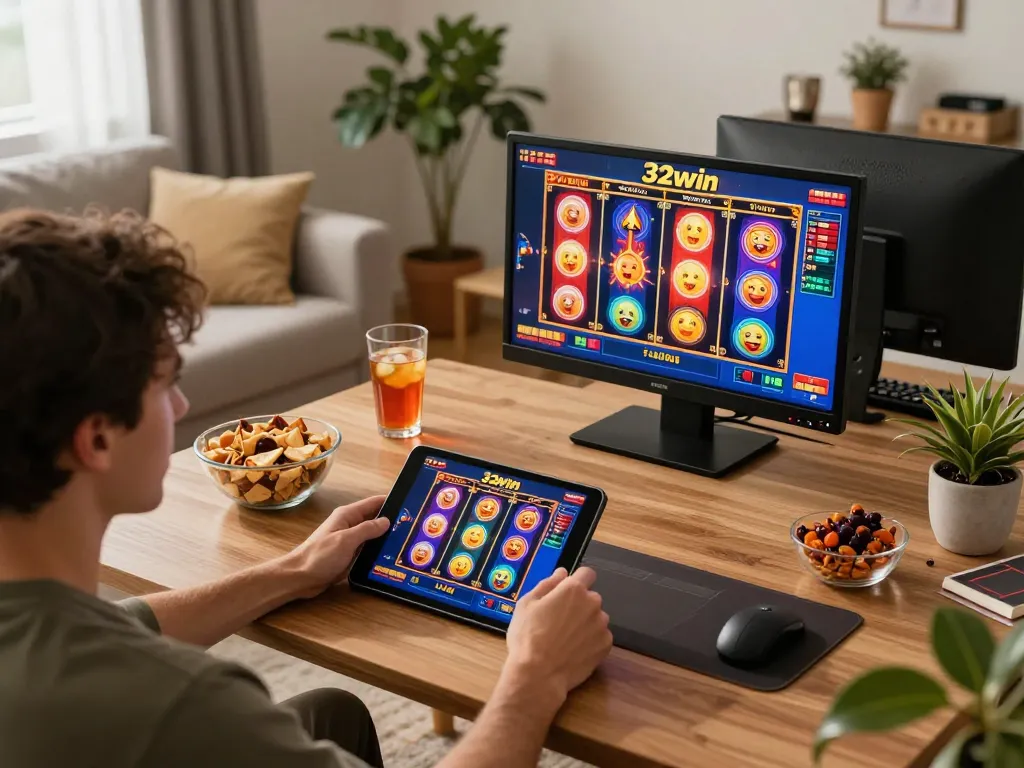 Experience thrilling gameplay with 32win slots at home, highlighting vibrant reels and cozy setting.