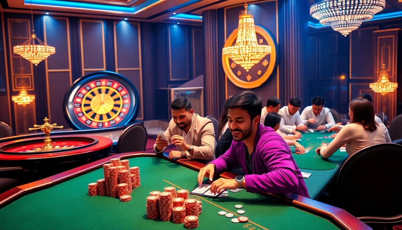 Experience the excitement of gambling with KK55.com at a luxurious casino featuring tables, chips, and players.