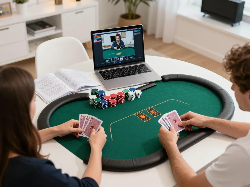 Players engaging in an exciting game of poker at home, featuring god55 casino interface and strategic setups.
