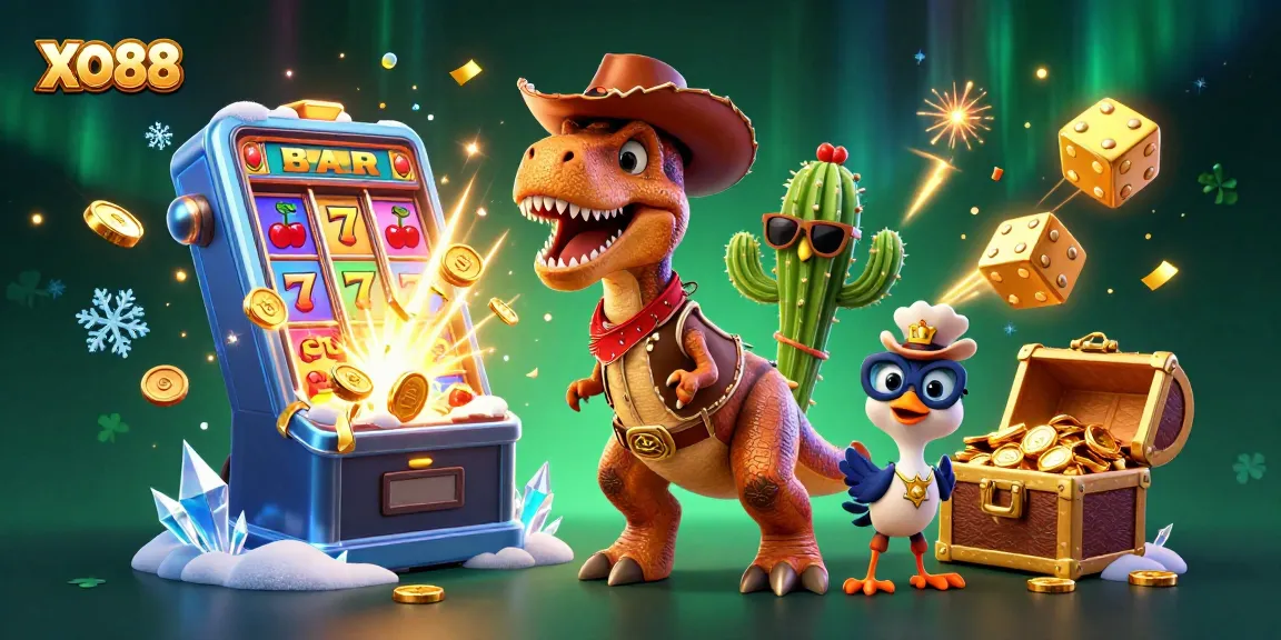 Spin reels at XO88 with the cartoon T-Rex cowboy and vibrant casino elements.