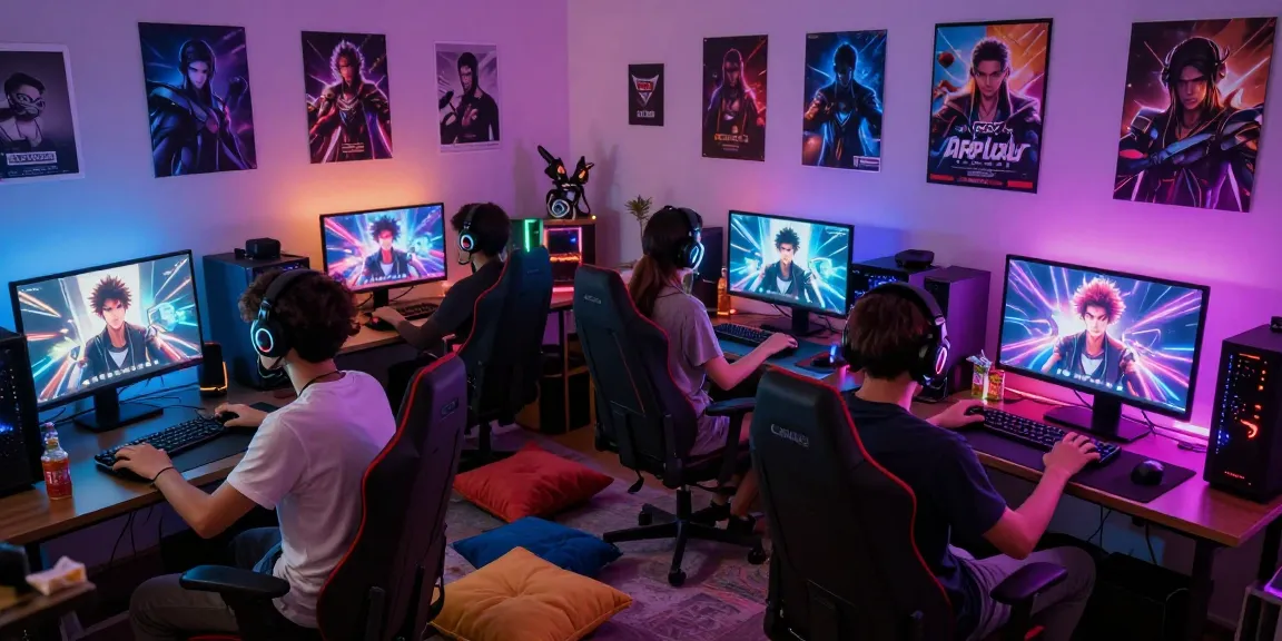 Group of friends engaged in nsfw ai roleplay with digital avatars in colorful gaming room.